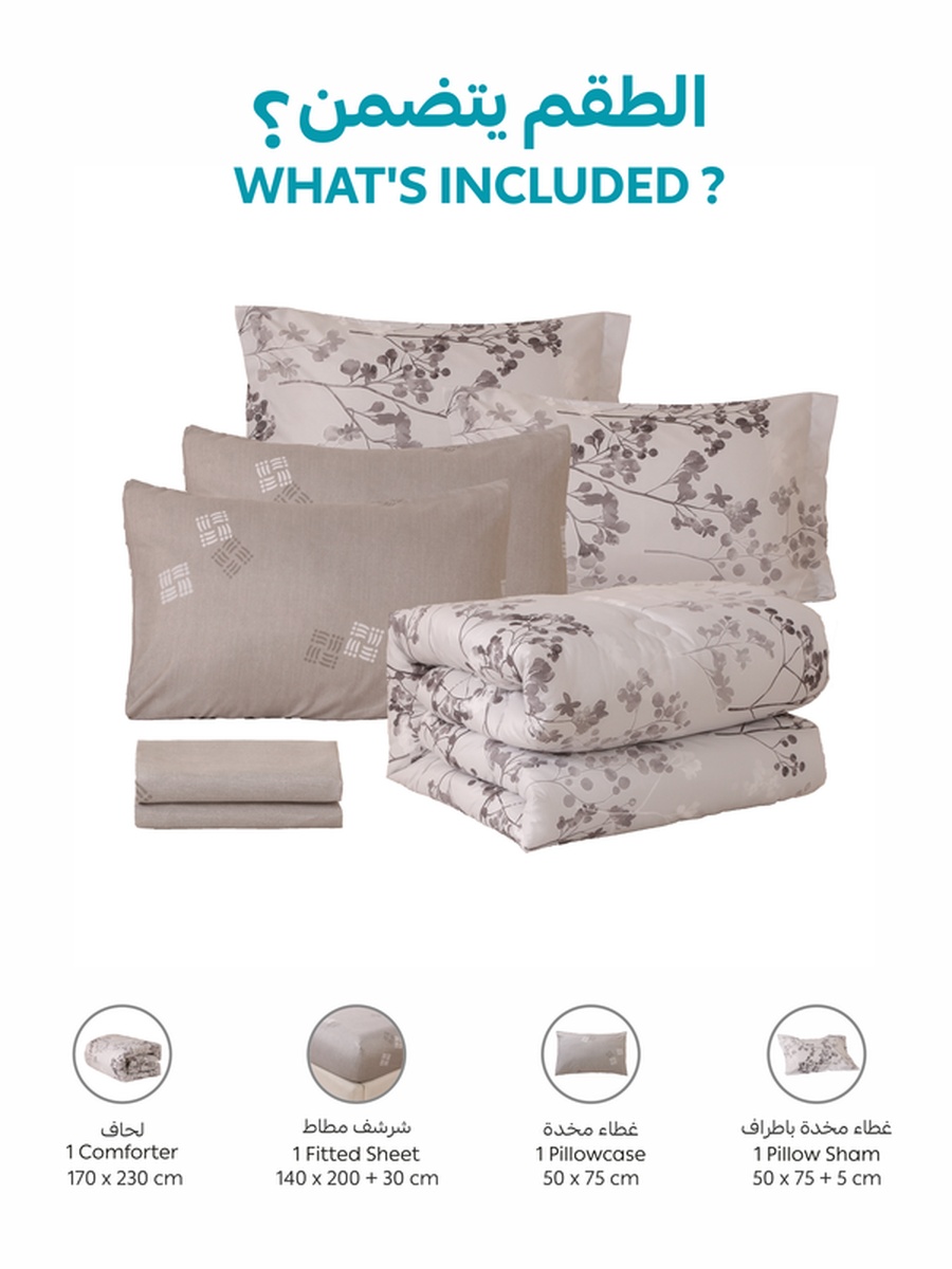 4-Piece Single Comforter Set 170x230 cm, Soft Reversible, Brushed Microfiber, 350 GSM Fill, Silver