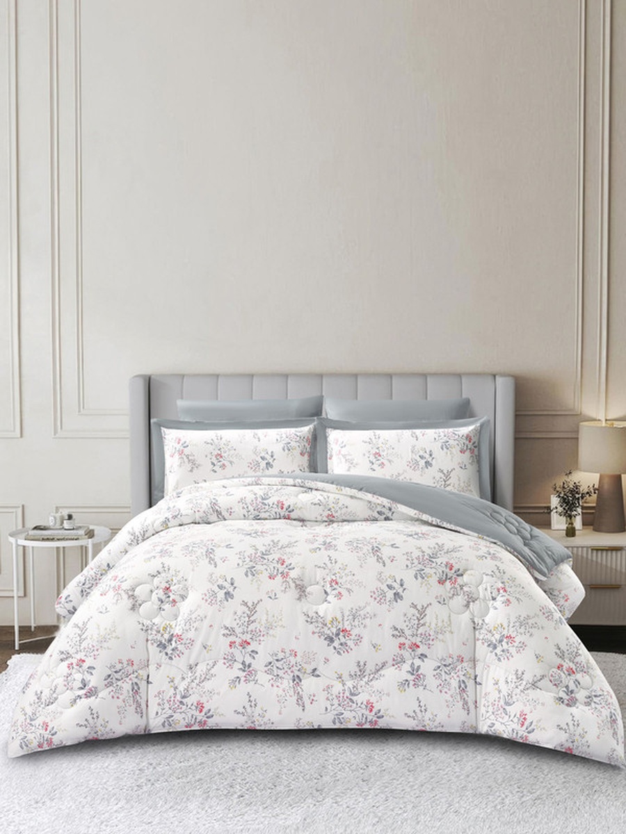 6-Piece Cotton King Comforter Set 250x230cm - 350 GSM Fill, Elegant Print, Grey