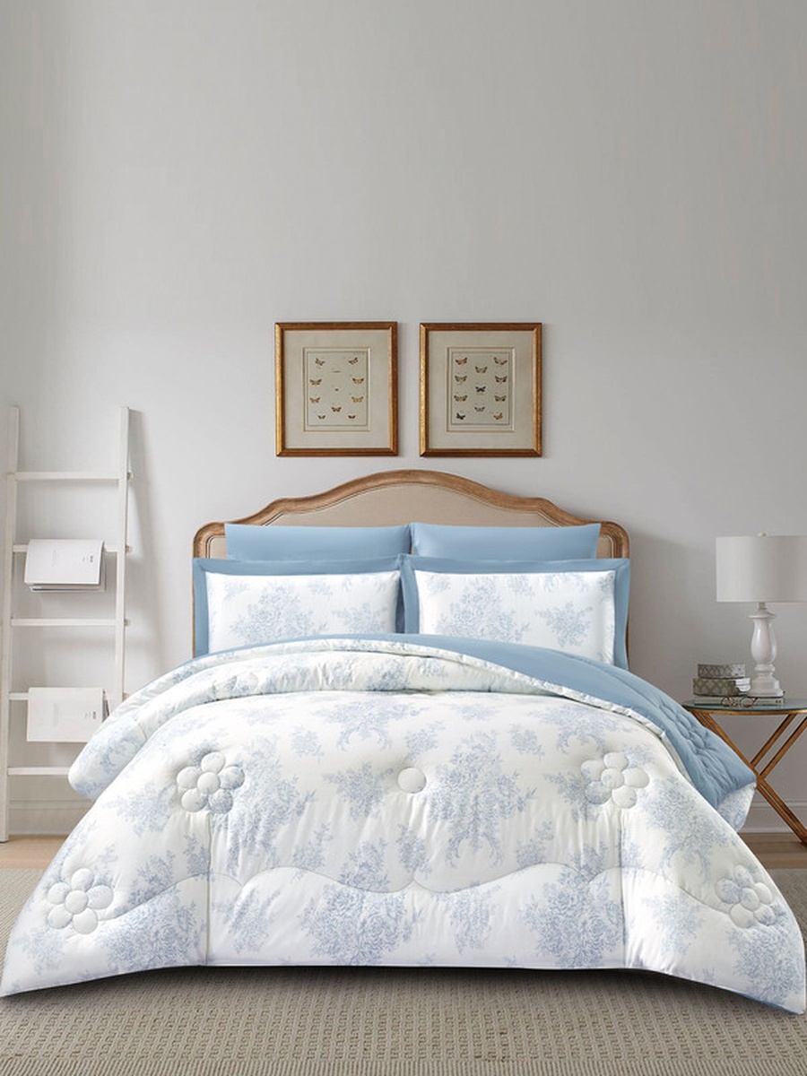 6-Piece Cotton King Comforter Set 250x230cm - 350 GSM Fill, Elegant Print, Light Blue
