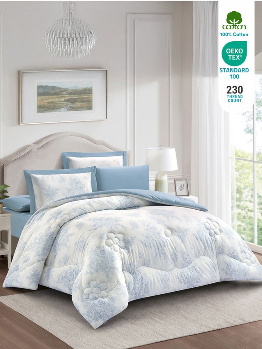 6-Piece Cotton King Comforter Set 250x230cm - 350 GSM Fill, Elegant Print, Light Blue