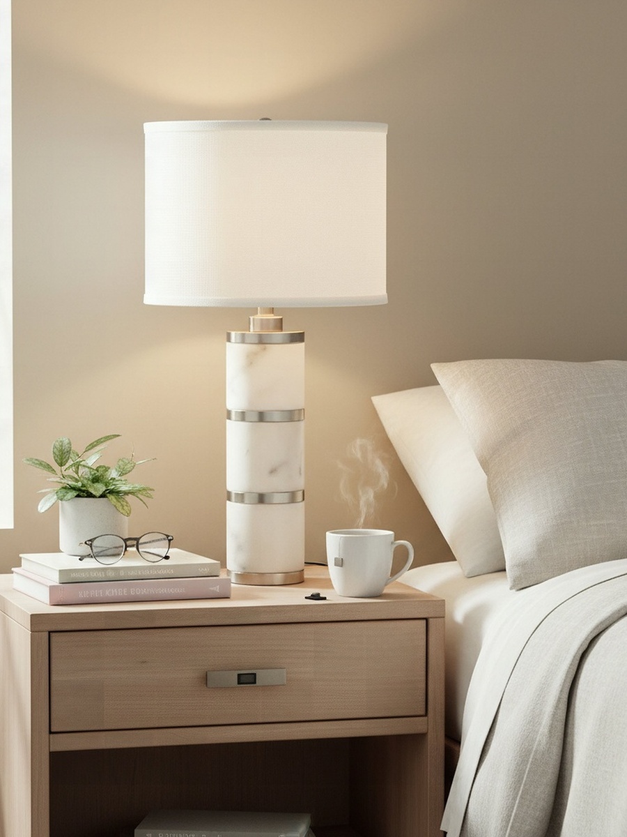 Pearson Marble and Metal Table Lamp with Linen Shade - 35x62 cm