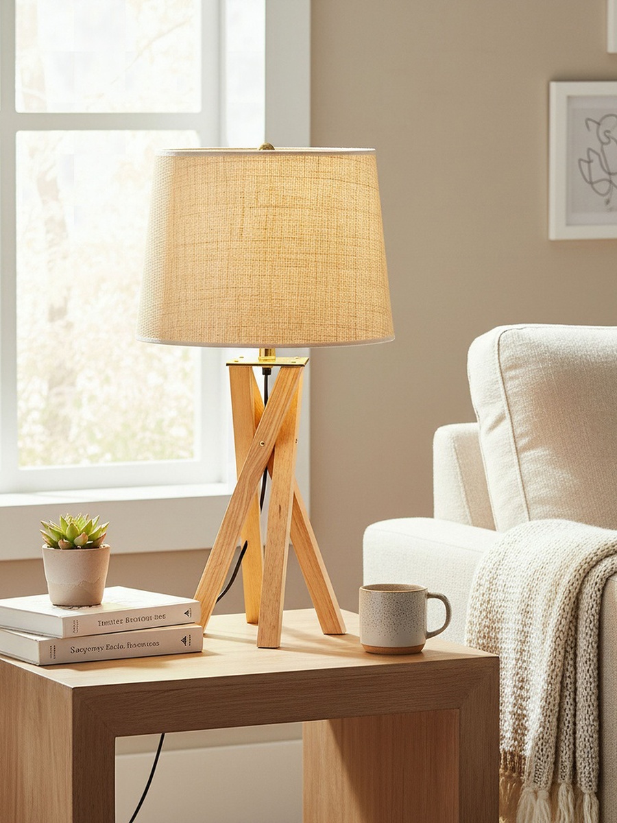 Pearson Solid Wood Tripod Lamp with Linen Shade - 30x68.5 cm