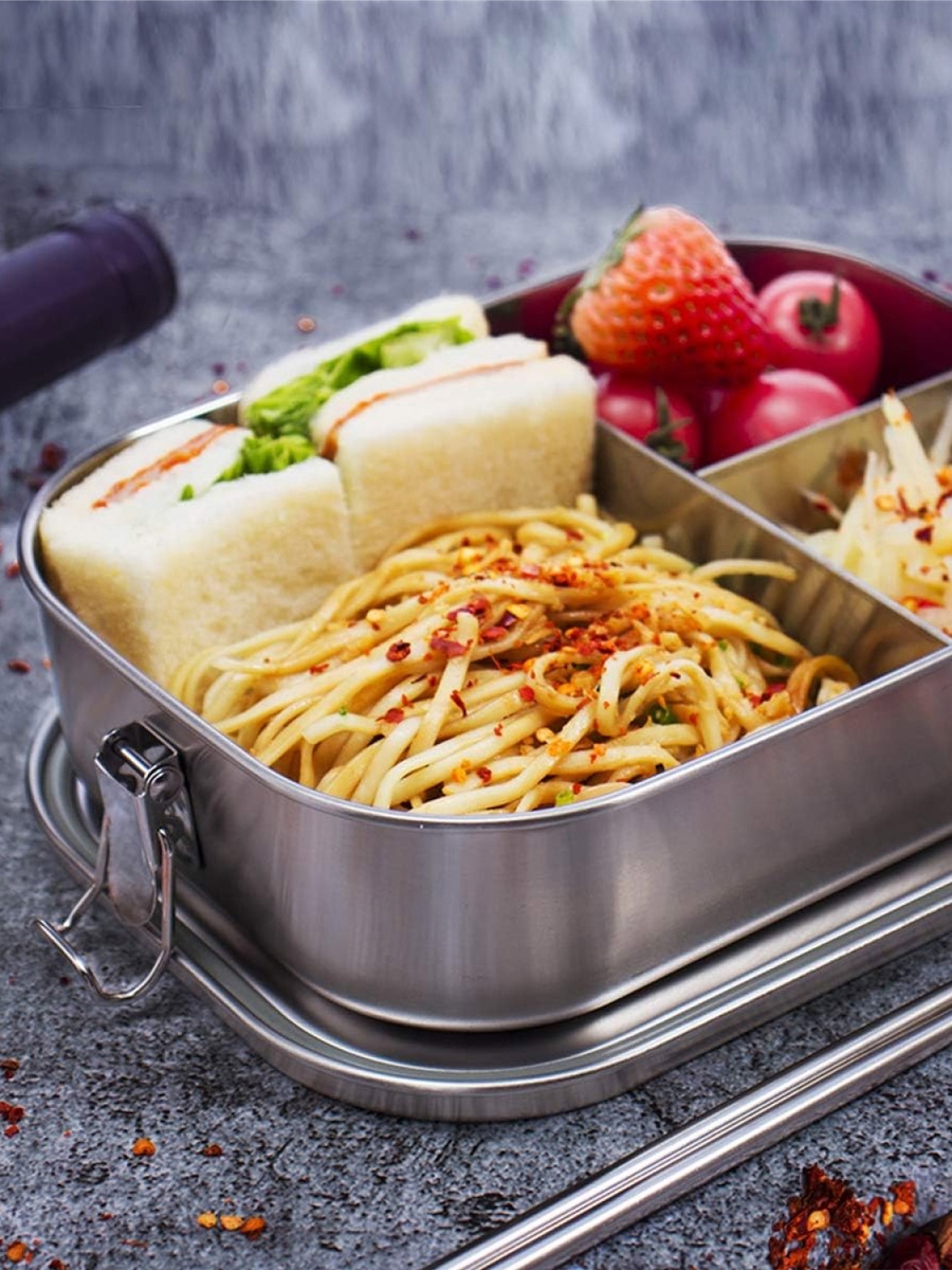 Kids Stainless Steel Rectangular Lunch Box, 3 Compartments, 1000ml