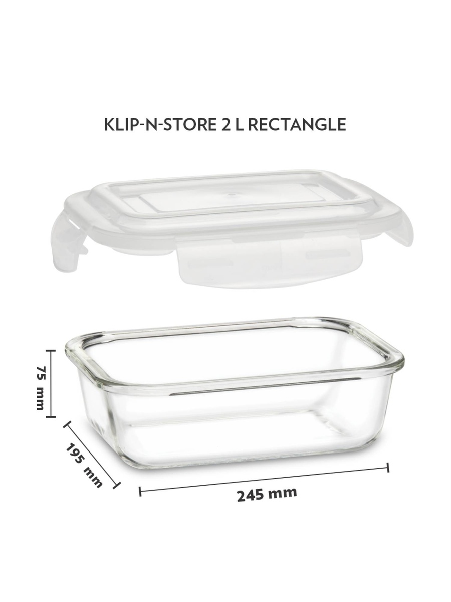 Klip-N-Store Rectangular Glass Container, 2.0 L