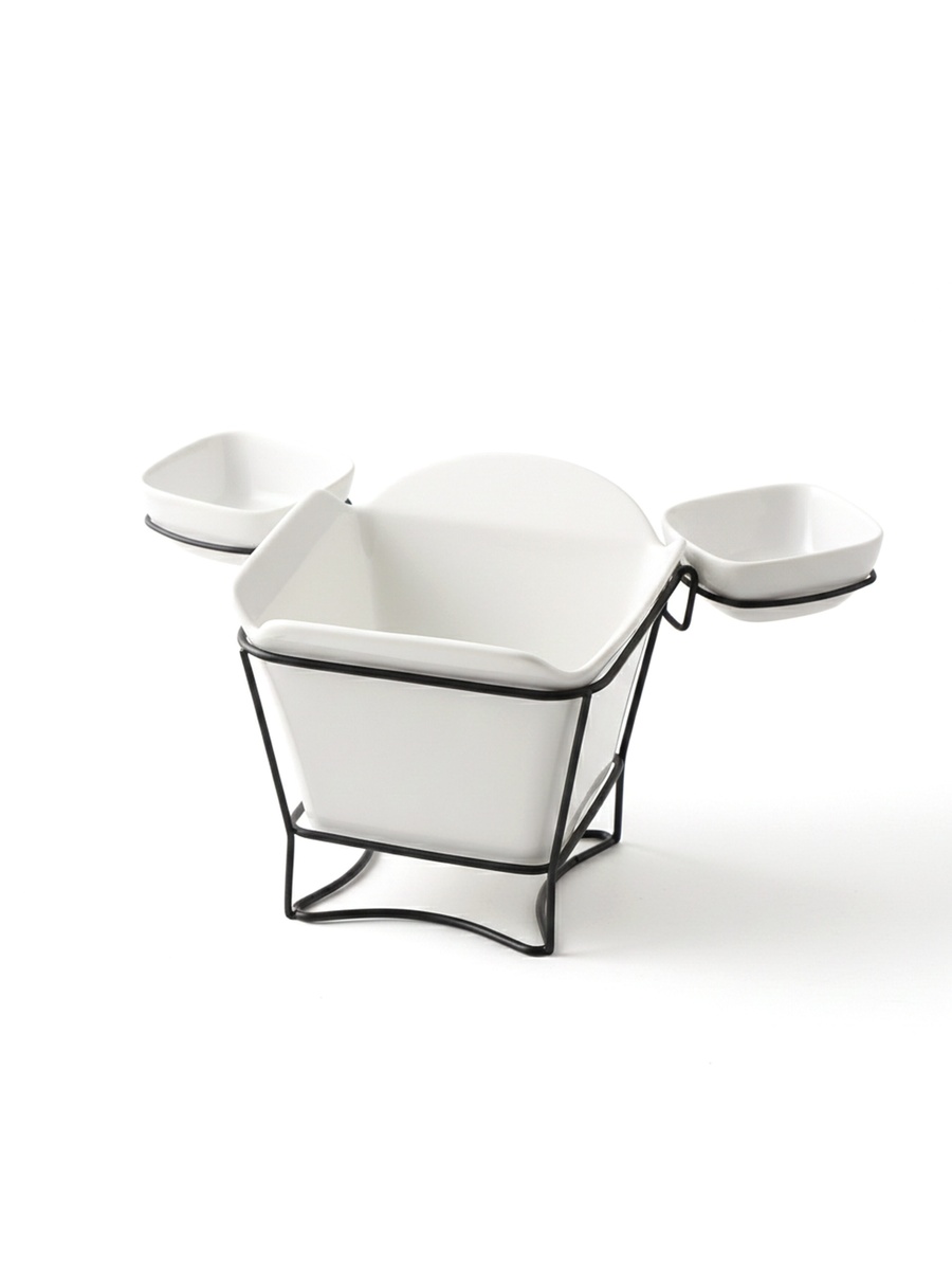 3-Piece Porcelain French Fries Holder with Stand and 2-Dip Bowls, 17cm