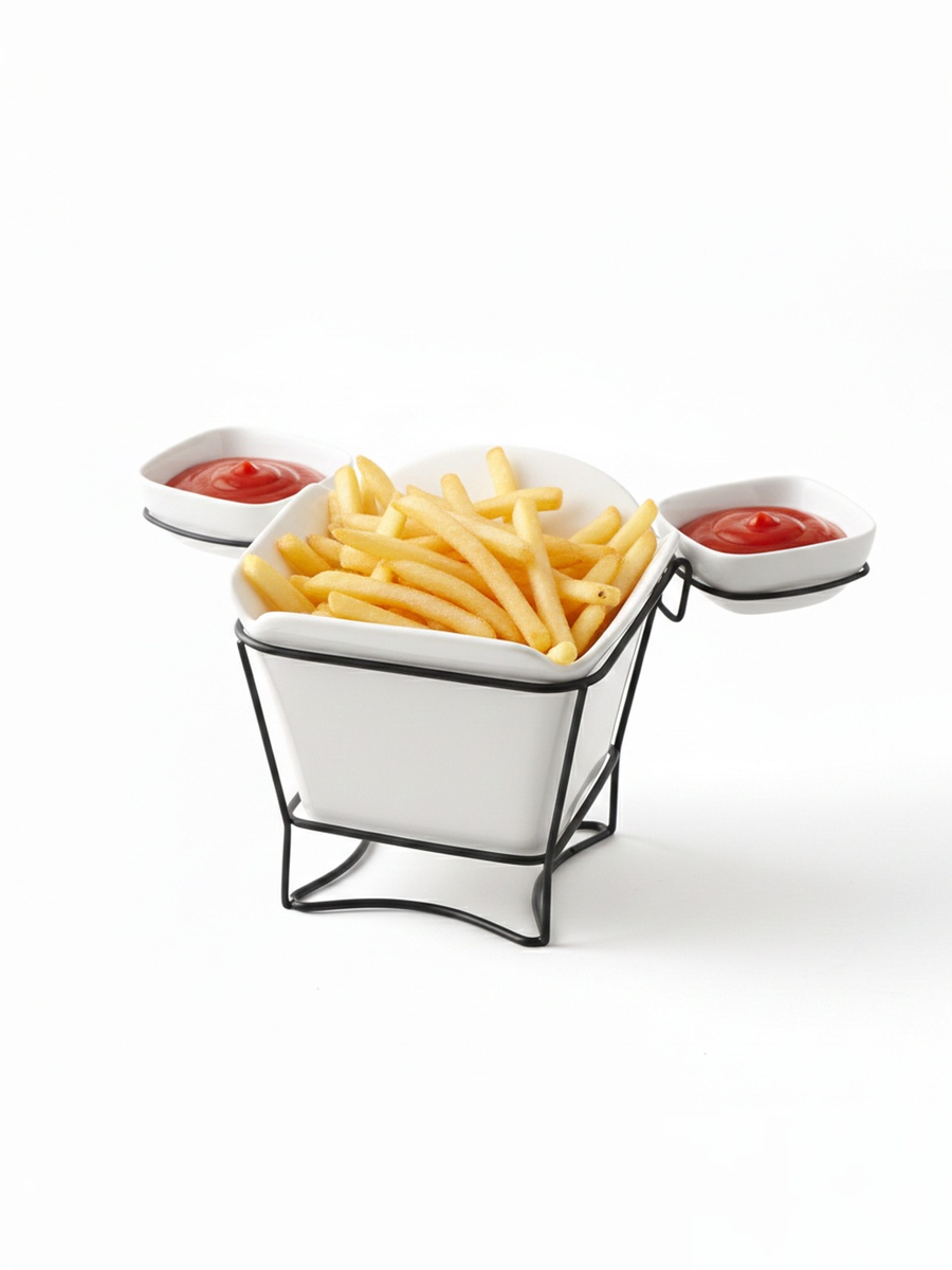 3-Piece Porcelain French Fries Holder with Stand and 2-Dip Bowls, 17cm