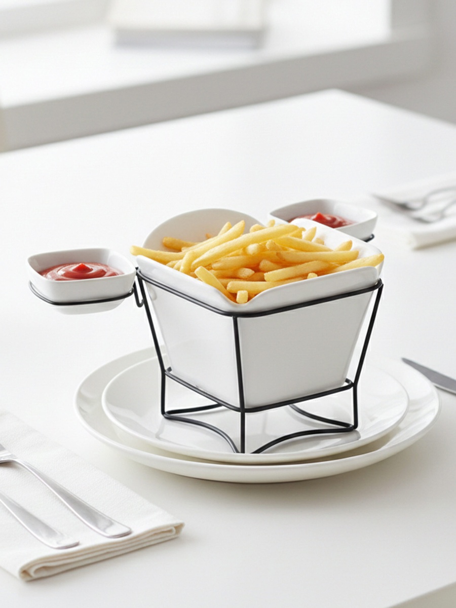 3-Piece Porcelain French Fries Holder with Stand and 2-Dip Bowls, 17cm