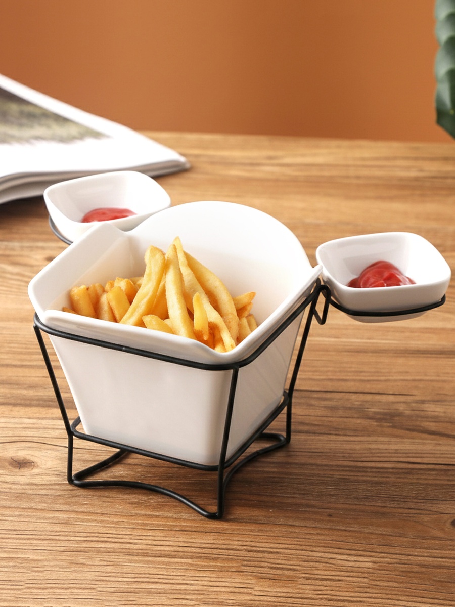 3-Piece Porcelain French Fries Holder with Stand and 2-Dip Bowls, 17cm