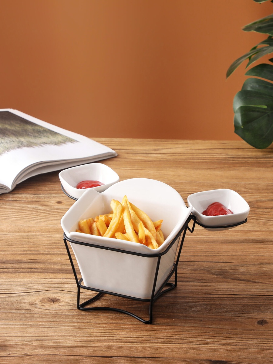 3-Piece Porcelain French Fries Holder with Stand and 2-Dip Bowls, 17cm