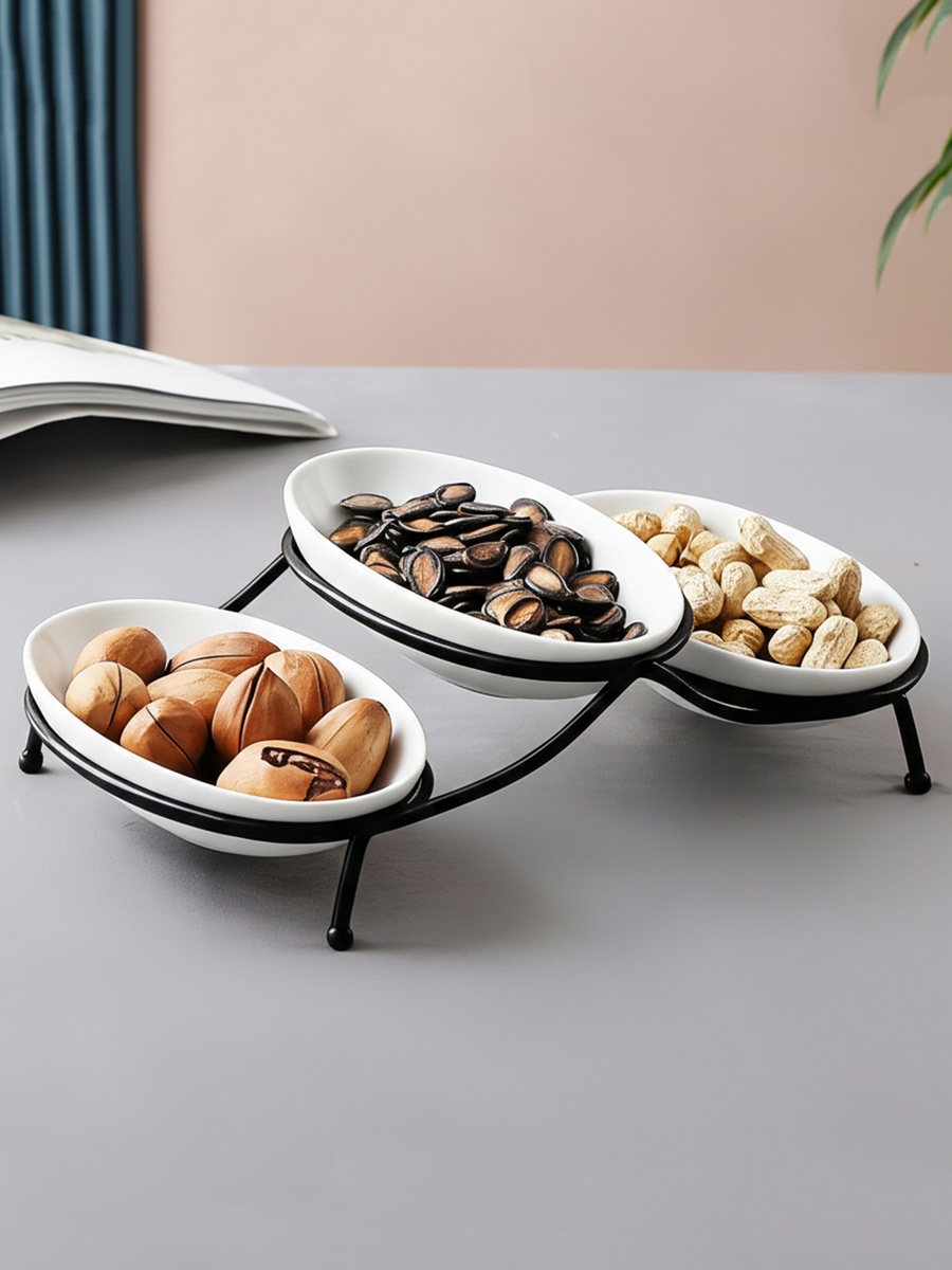 3-Piece Oval Serving Bowls with Metal Stand, 18cm