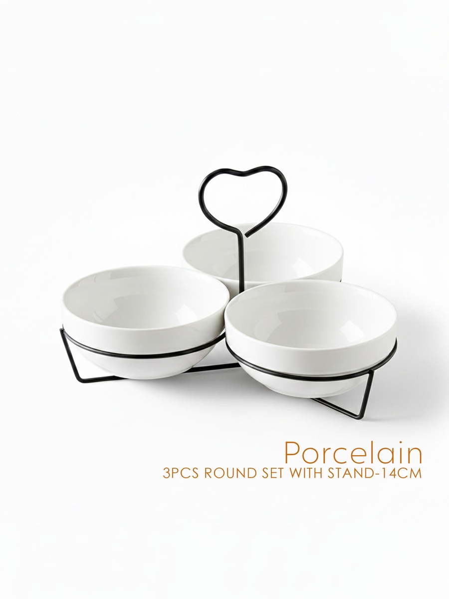 3-Piece Round Porcelain Bowl Set with Metal Black Stand, 14cm