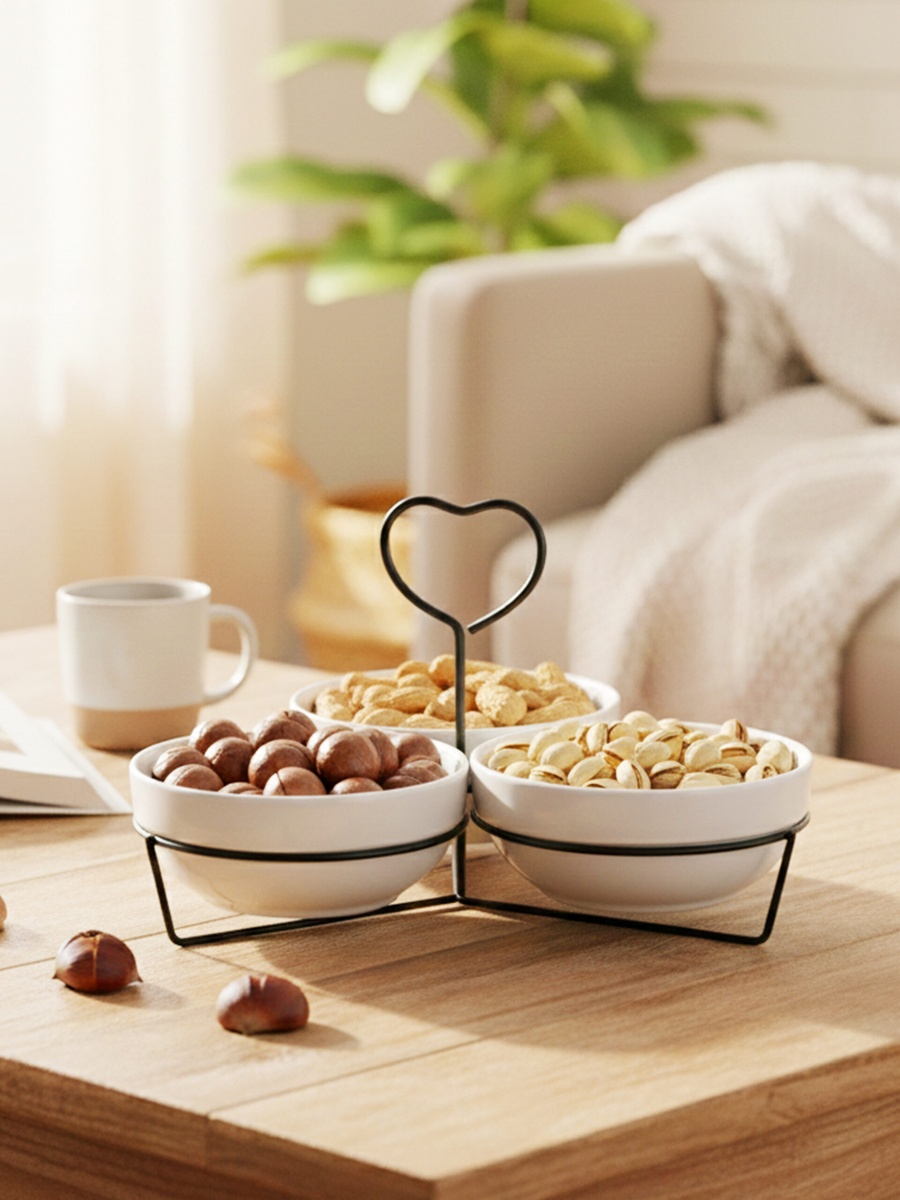 3-Piece Round Porcelain Bowl Set with Metal Black Stand, 14cm