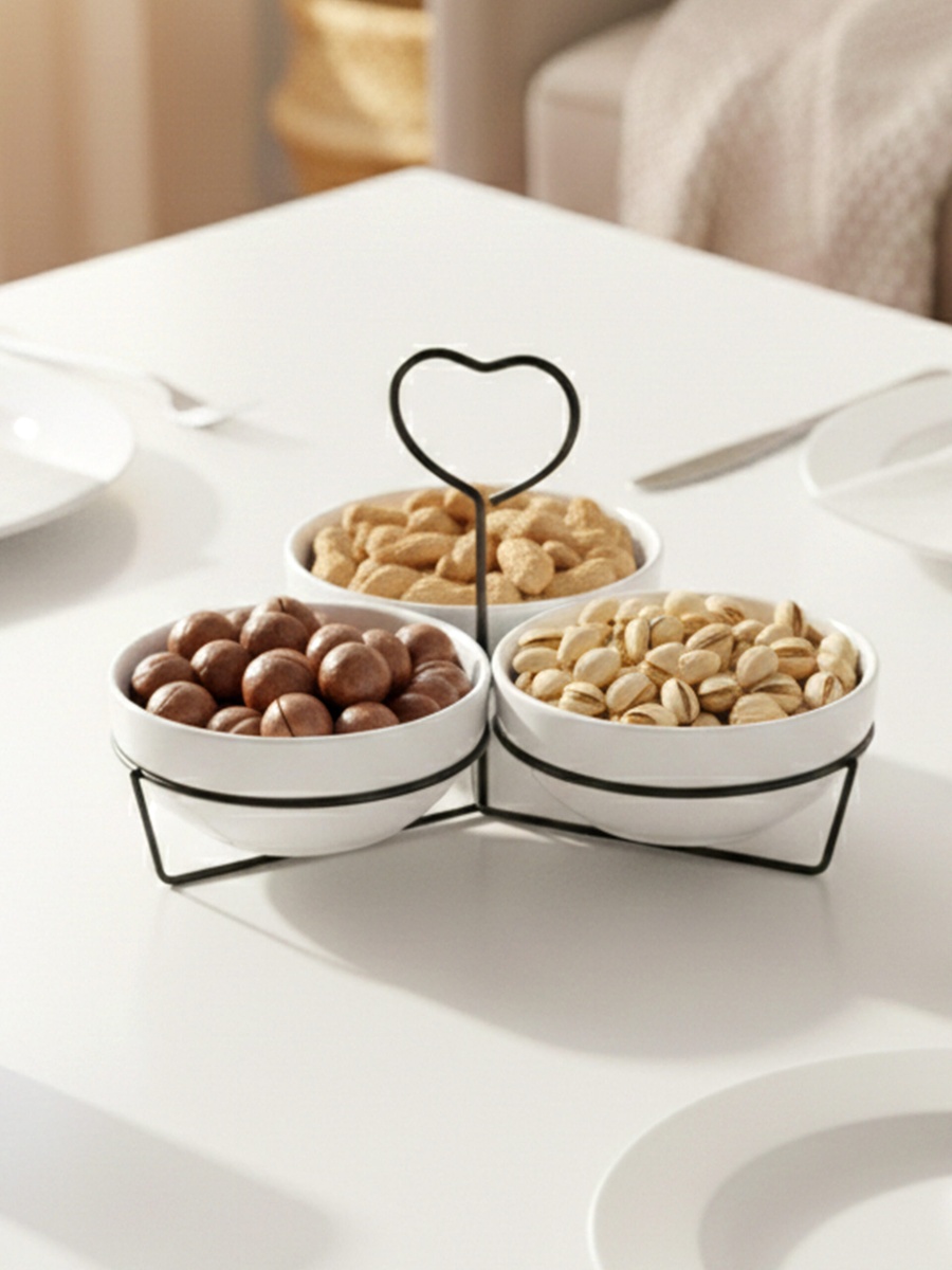 3-Piece Round Porcelain Bowl Set with Metal Black Stand, 14cm