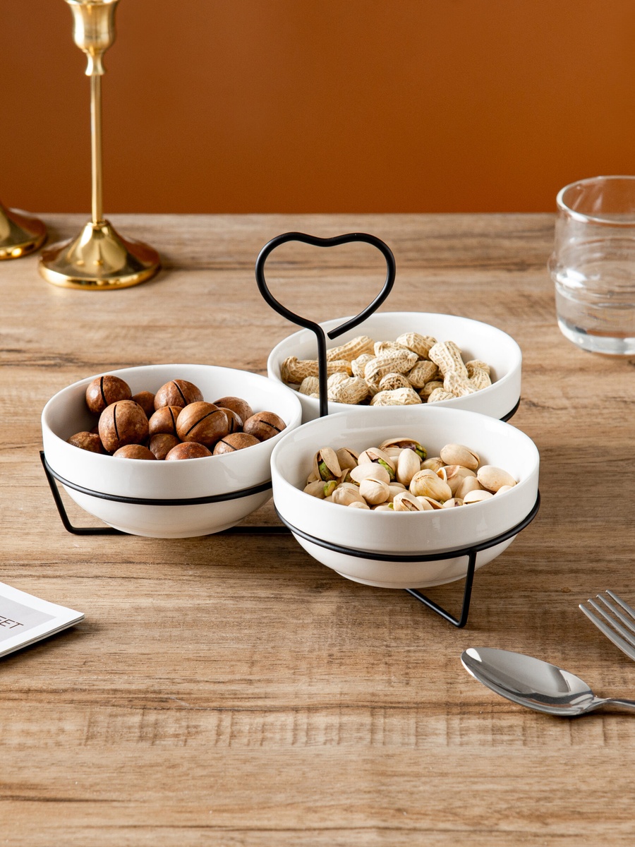 3-Piece Round Porcelain Bowl Set with Metal Black Stand, 14cm
