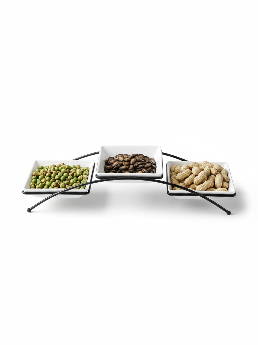 3-Piece Square 14cm Porcelain and New Bone China Bowls with Metal Stand, 14cm