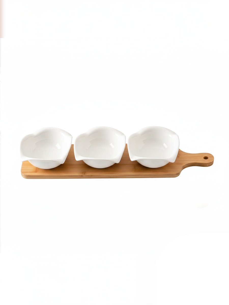 3-Piece Round Porcelain Bowls with Bamboo Stand, 12cm