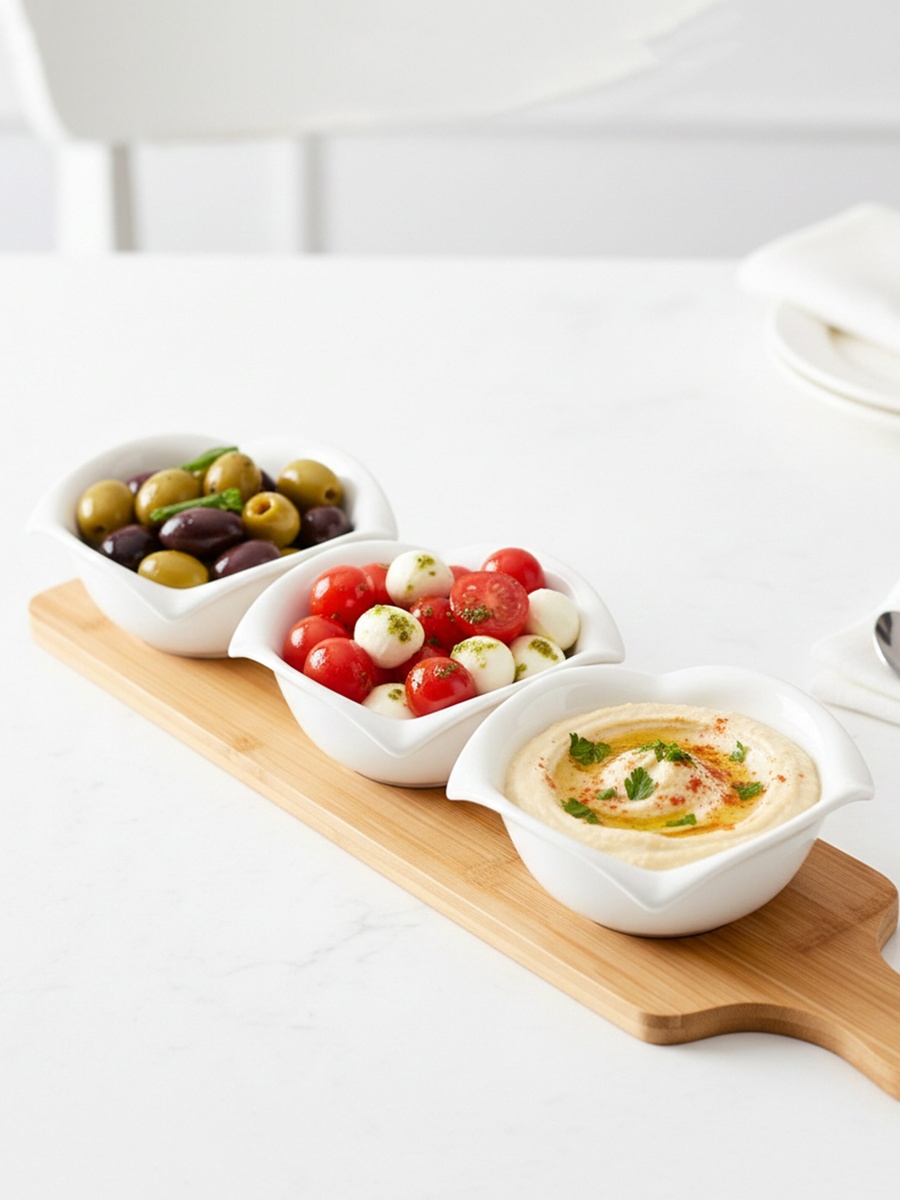 3-Piece Round Porcelain Bowls with Bamboo Stand, 12cm