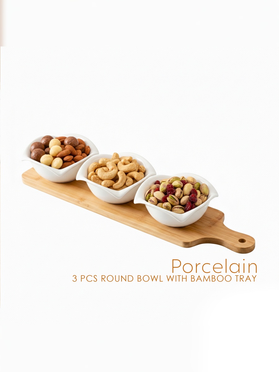 3-Piece Round Porcelain Bowls with Bamboo Stand, 12cm