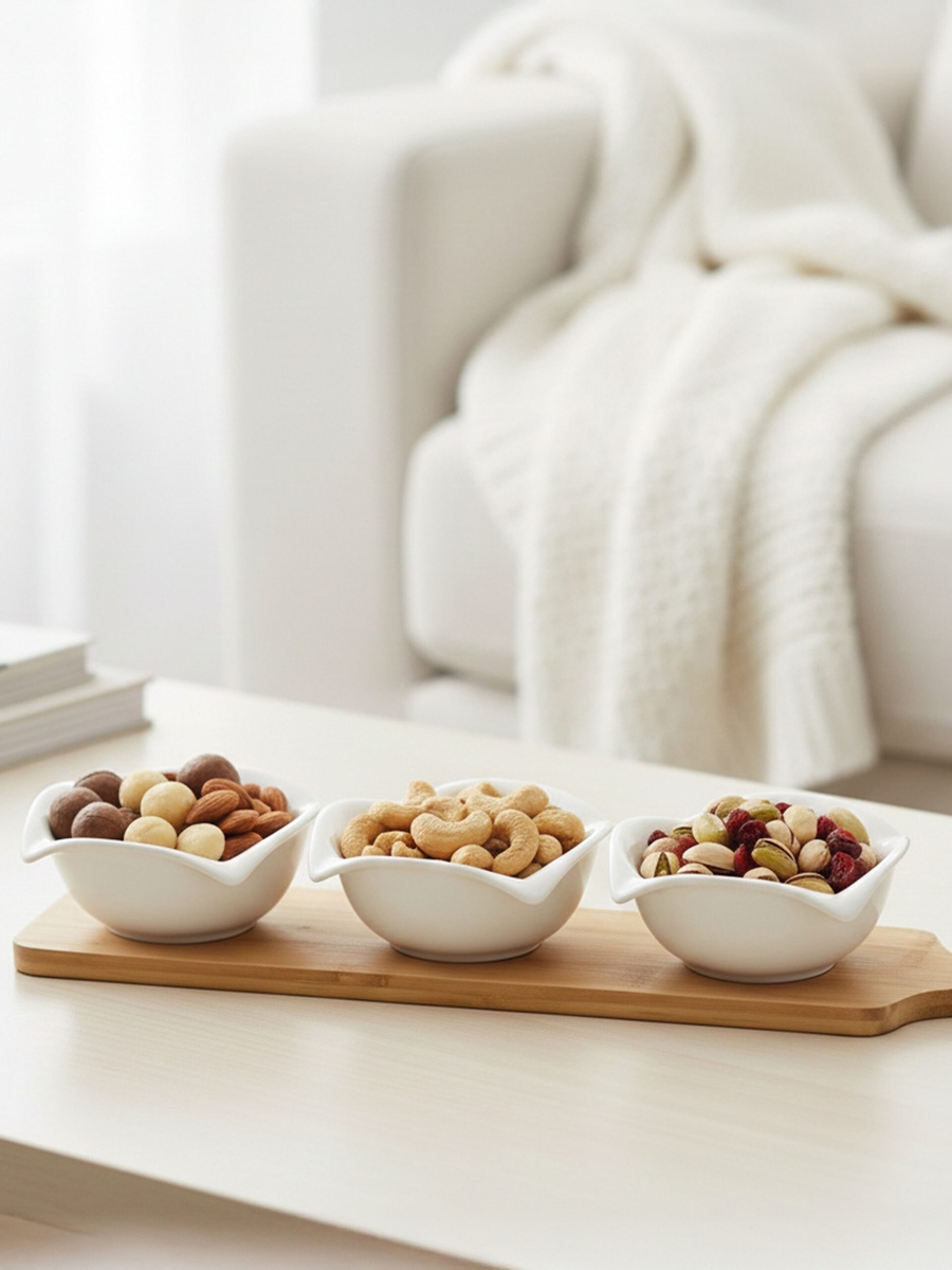3-Piece Round Porcelain Bowls with Bamboo Stand, 12cm