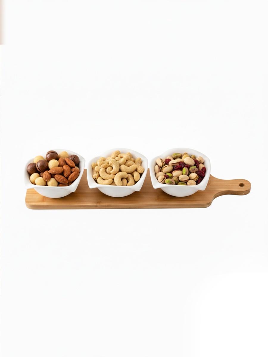 3-Piece Round Porcelain Bowls with Bamboo Stand, 12cm