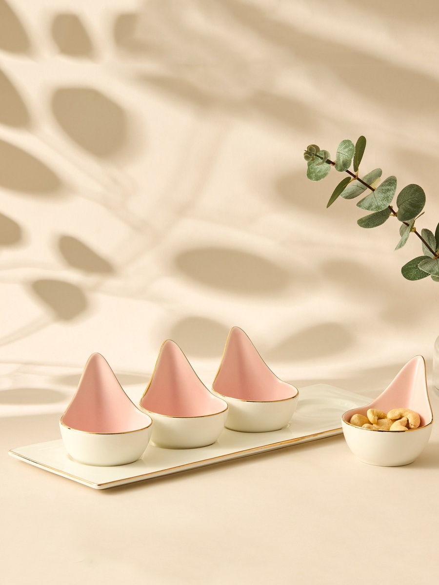Solid Ceramic 4-Piece Appetiser Bowl Set with Tray