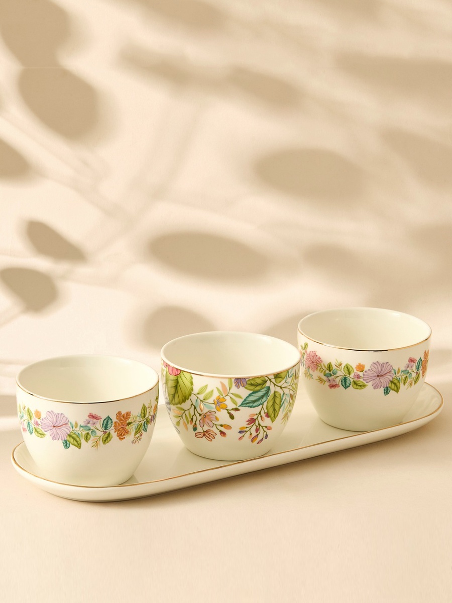 Summer Hot Flower Printed 3-Piece Ceramic Serving Bowl Set with Tray