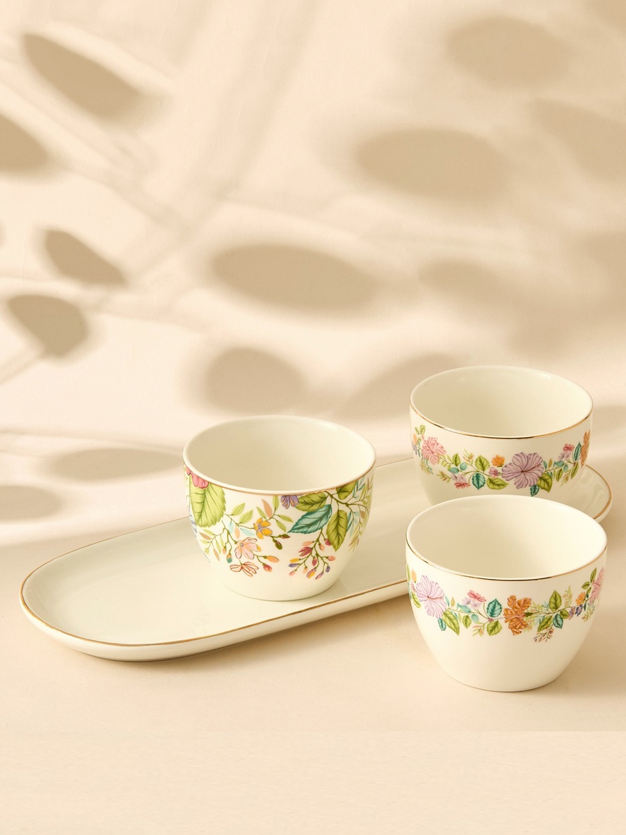 Summer Hot Flower Printed 3-Piece Ceramic Serving Bowl Set with Tray