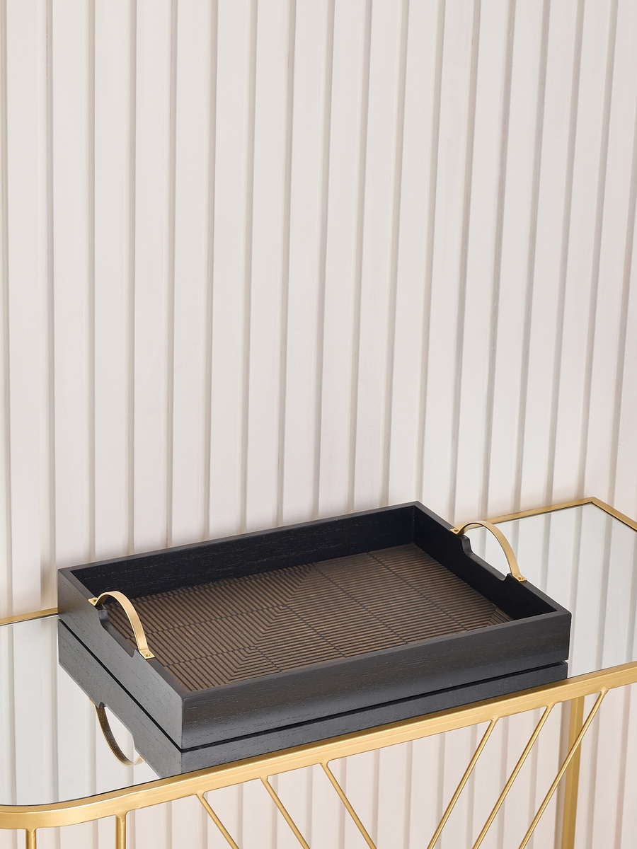 Textured Wooden Tray with Handles - 36x26x8 cm