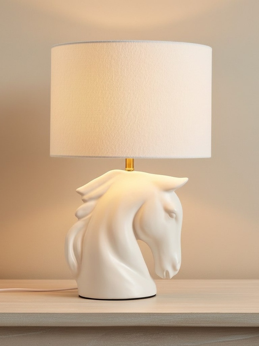 Elinor Ceramic Horse Table Lamp with Linen Shade - 48 cm
