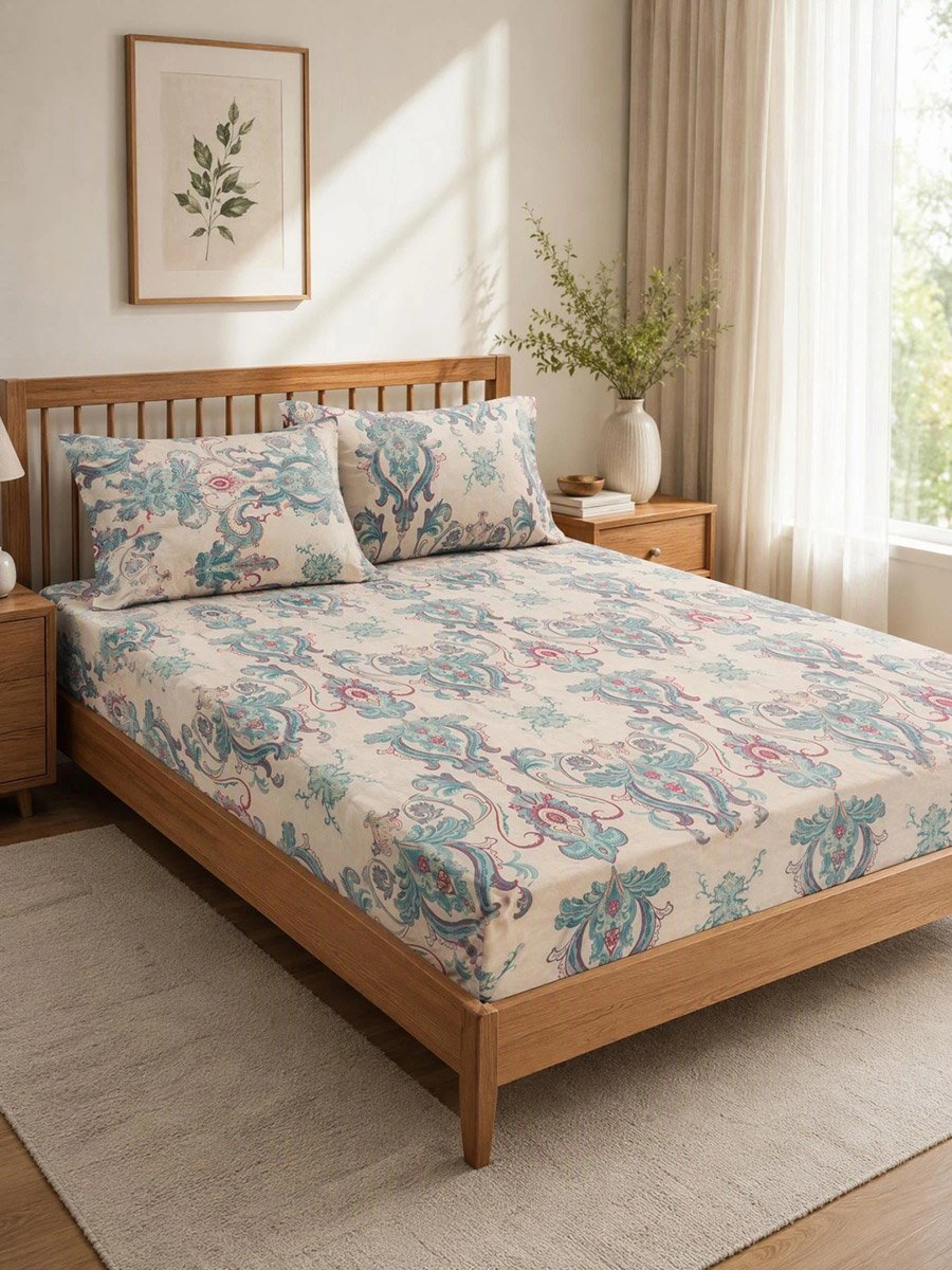 3-Piece Printed Queen Size Bedsheet with Pillow Covers