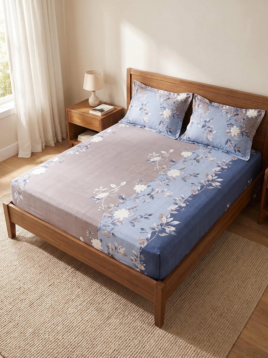 Pack of 3- Printed King Fitted Bedsheet with Pillow Covers Blue