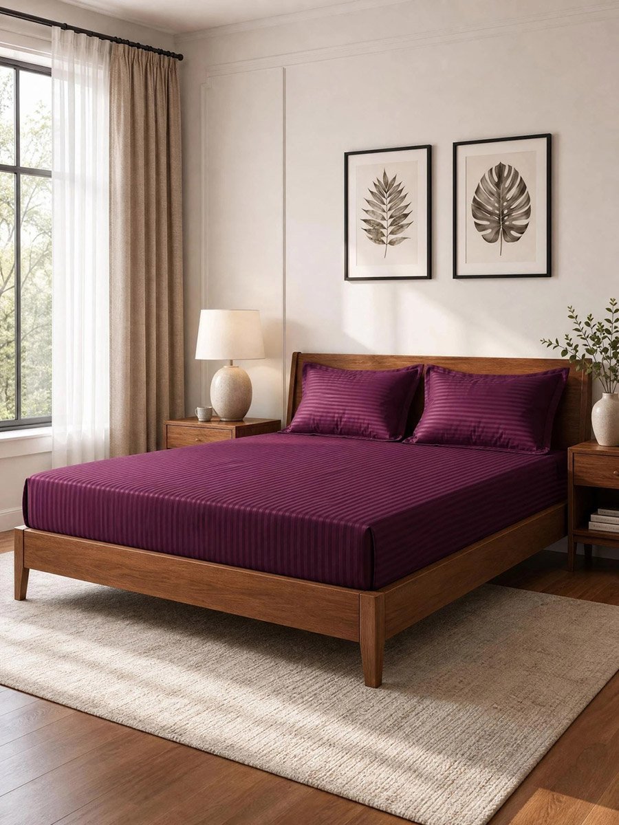 Pack of 2-  Stripe Queen Fitted with Pillow Cover Burgundy