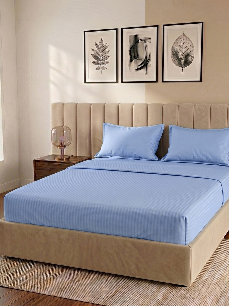 Pack of 3- Stripe King Fitted Bedsheet with Pillow Covers Light Blue