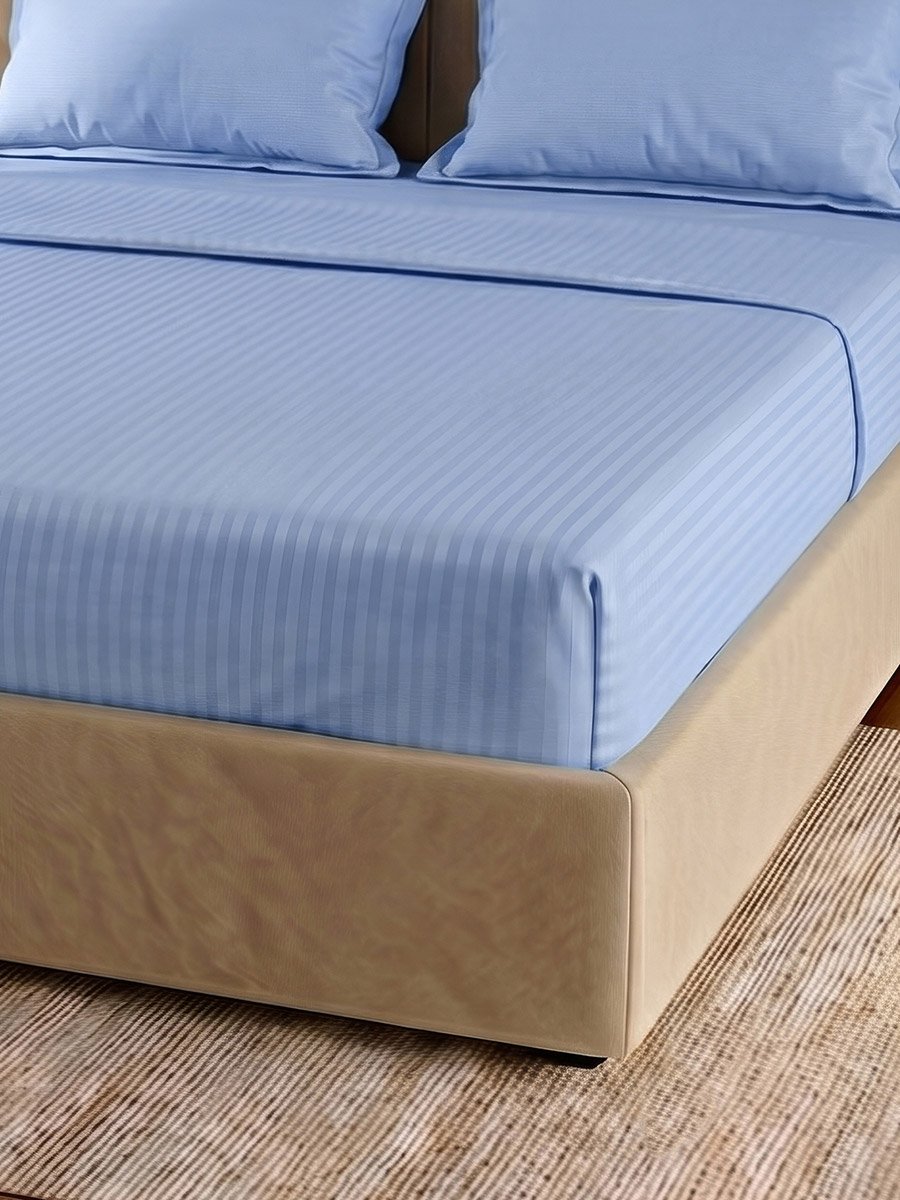 Pack of 3- Stripe King Fitted Bedsheet with Pillow Covers Light Blue