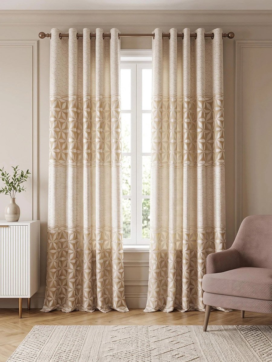 1-Piece Jacquard Non-Blackout Curtain, 132x260cm Beige