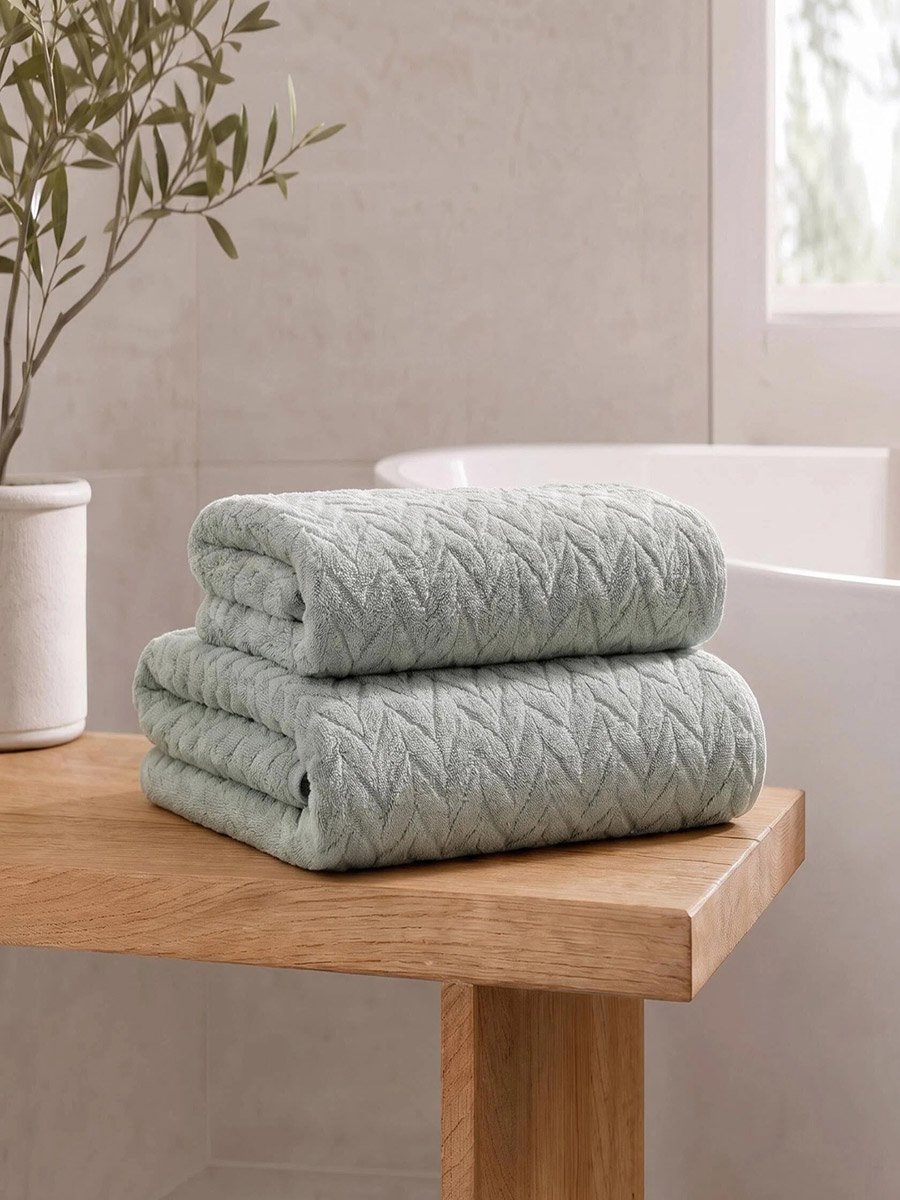 Pack of 2 - Textured Bath Towels, Green - - 35x75cm, 70x140cm