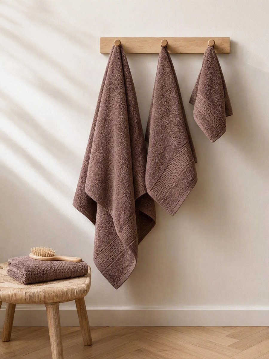 Pack of 3 - Plain Bath Towels, Brown - 70x140cm(1), 35x75cm(2)