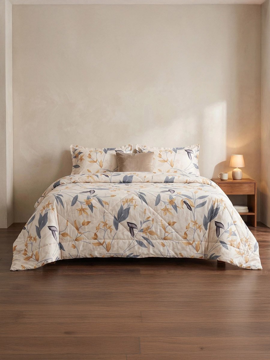 4-Piece Printed Comforter Set with Bedsheet and Pillow Covers, Cream