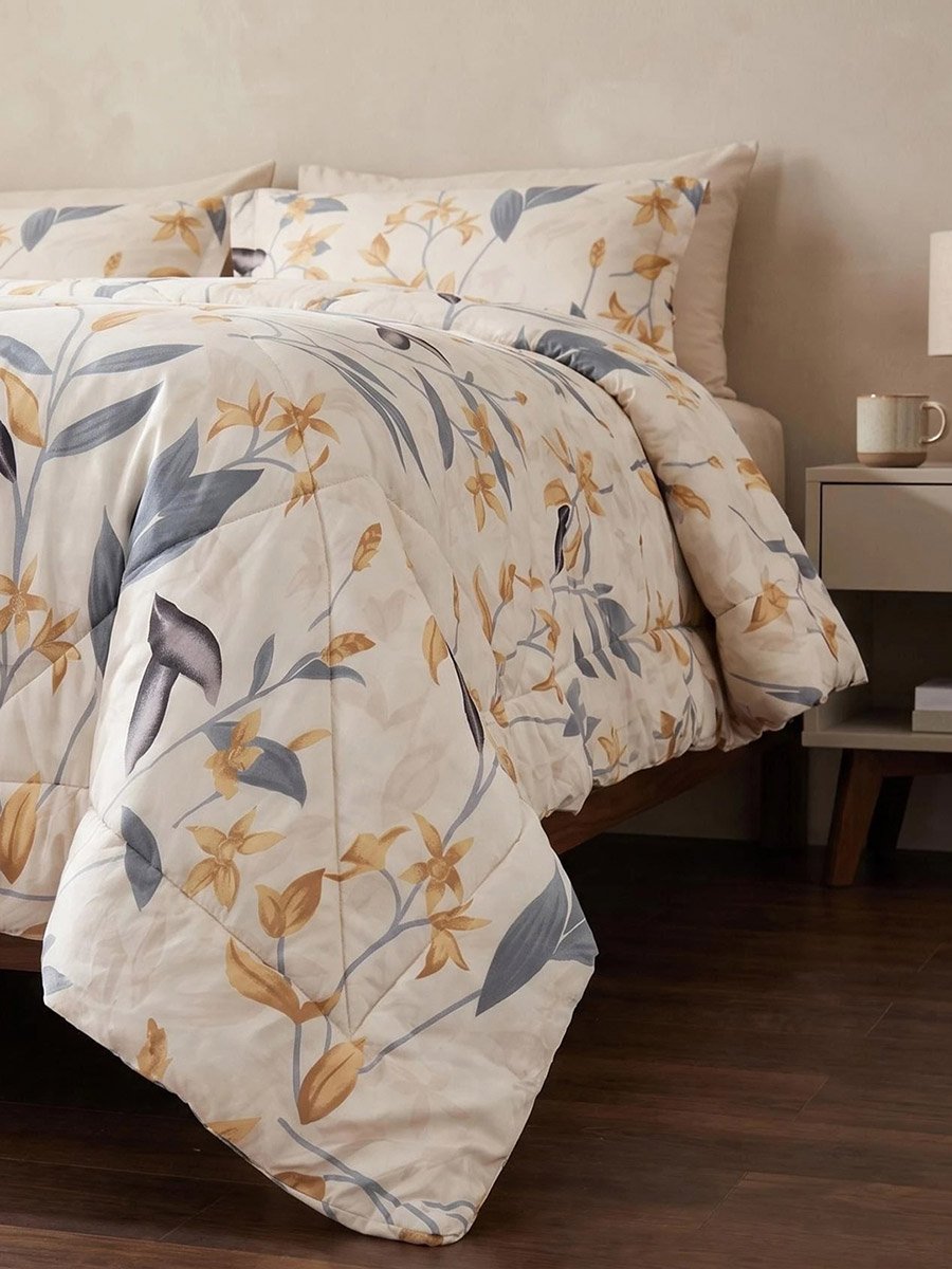 4-Piece Printed Comforter Set with Bedsheet and Pillow Covers, Cream