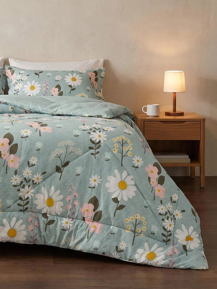 4-Piece Printed Comforter Set with Bedsheet and Pillow Covers, Green