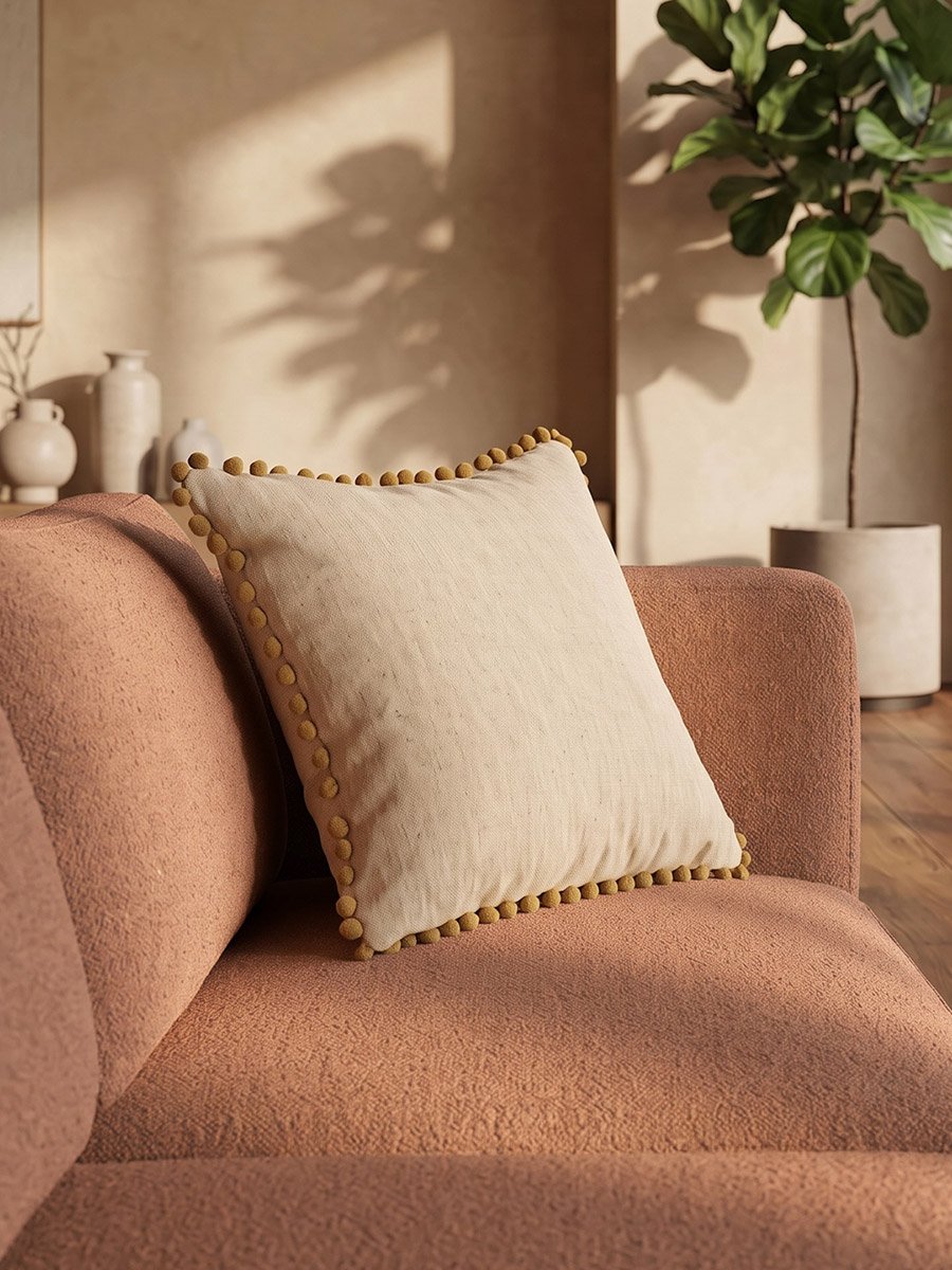 1-Piece Pom Pom Trim Cushion Cover 100% Cotton, 45x45cm