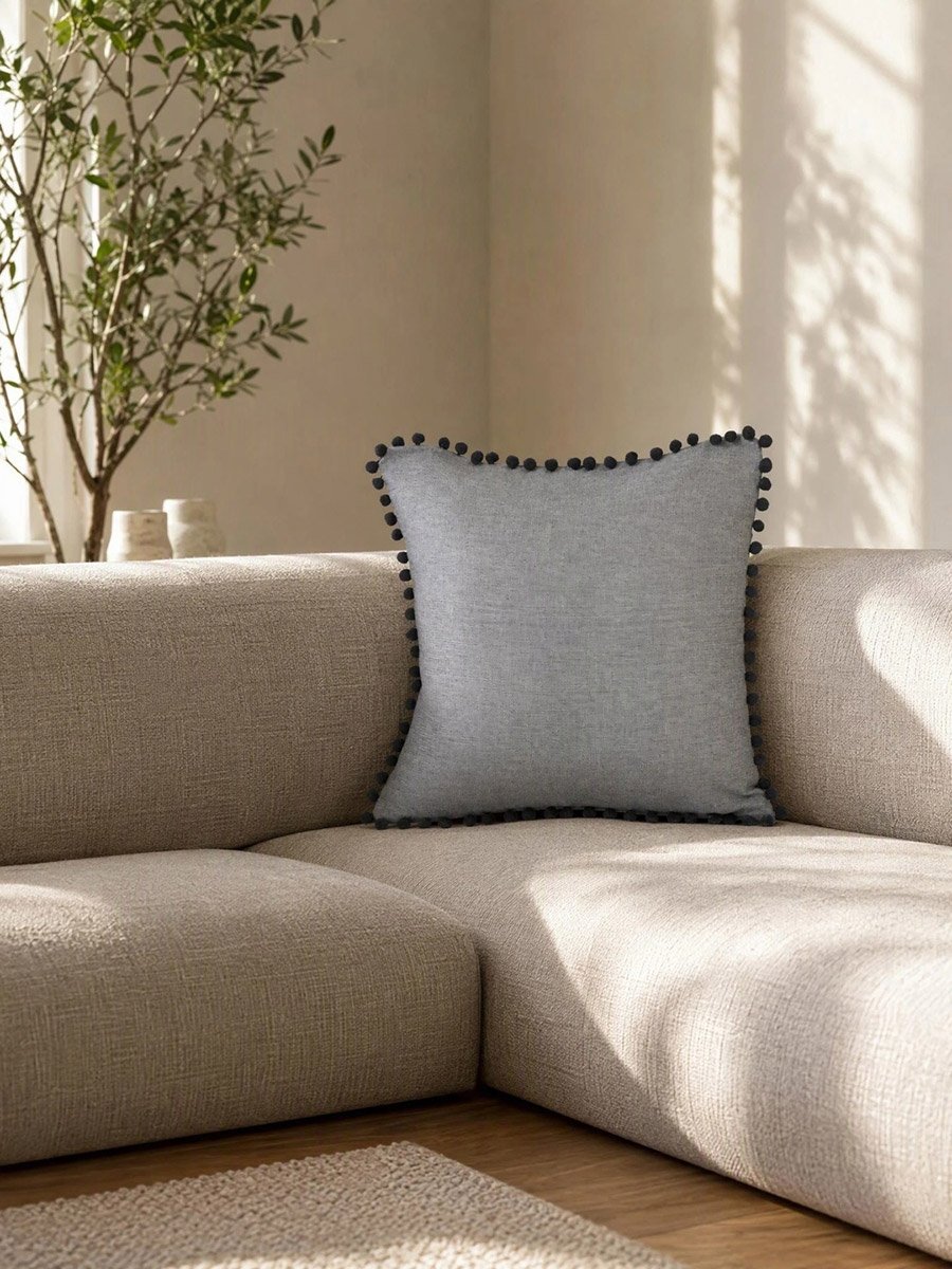 1-Piece Pom Pom Trim Cushion Cover 100% Cotton, 45x45cm