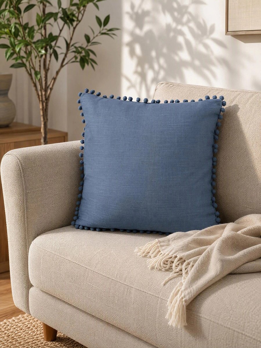 1-Piece Cotton Cushion Cover with Pom-Pom Trim 45x45cm