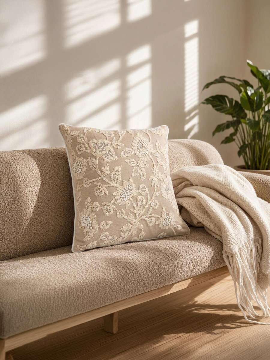 1-Piece Embroidered Square Cushion Cover 18x18inches, Cotton Blend