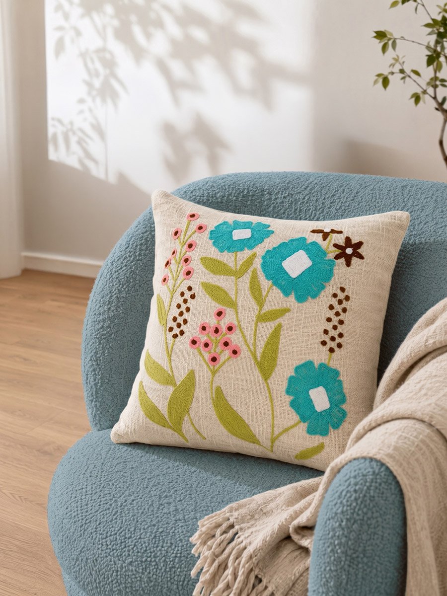 1-Piece Embroidered Square Cushion Cover 18x18inches, Cotton