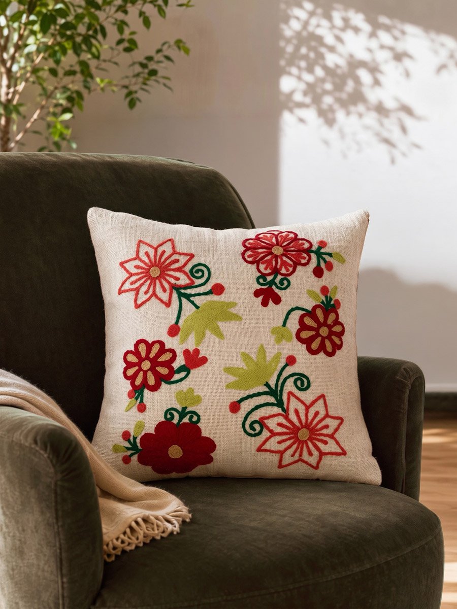 1-Piece Embroidered Square Cushion Cover 18x18inches, Cotton