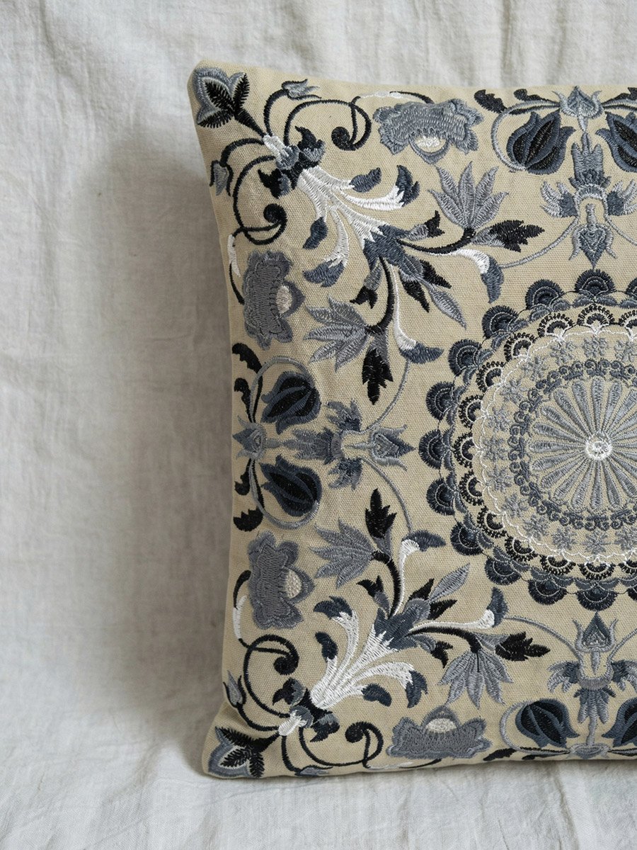 Beige Squared Floral Print Cushion Cover With Embroidery