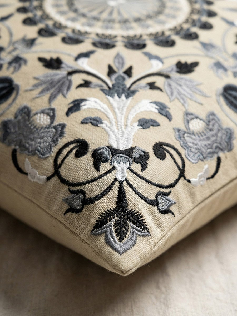Beige Squared Floral Print Cushion Cover With Embroidery