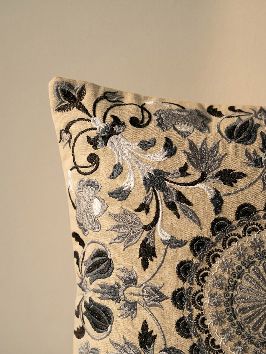 Beige Squared Floral Print Cushion Cover With Embroidery