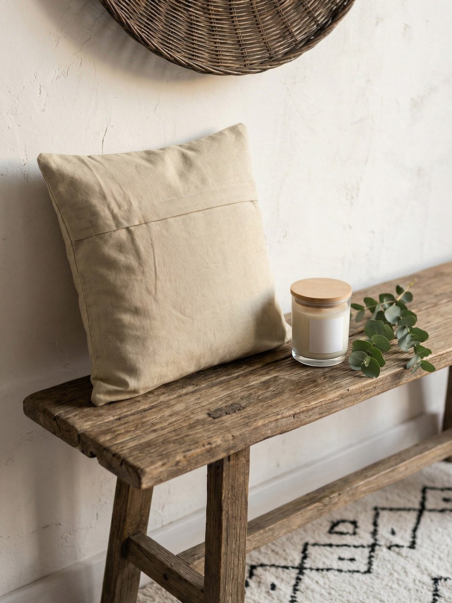 Beige Squared Floral Print Cushion Cover With Embroidery